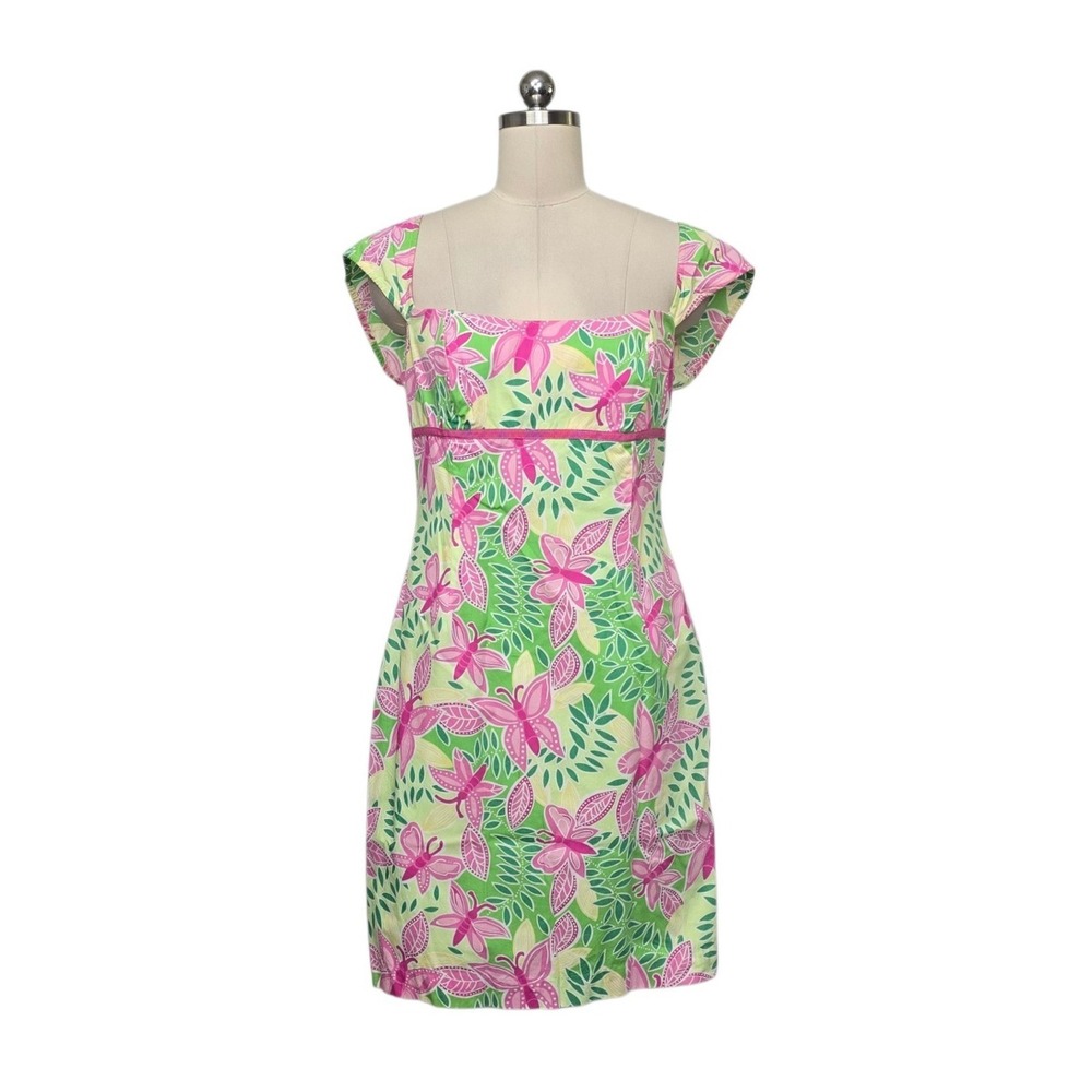Vintage Lilly Pulitzer Pink Green Butterfly Floral Cotton Dress Size 8
